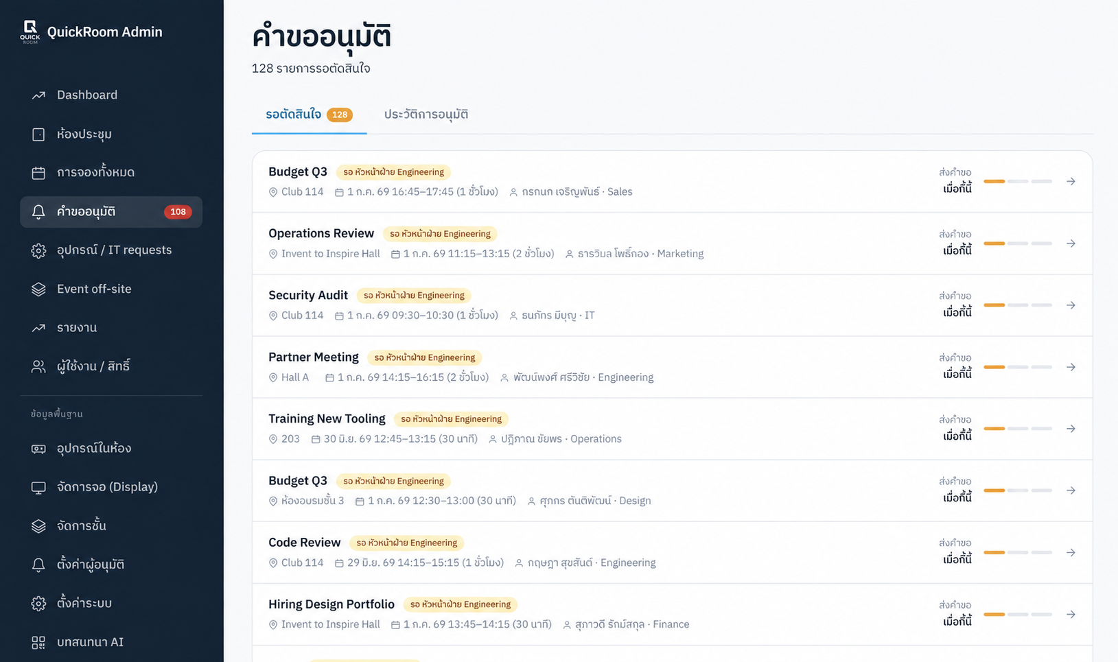 หน้า QuickRoom Admin แสดงคำขออนุมัติการจอง ผู้อนุมัติที่กำลังรอ และลำดับขั้นตอนของแต่ละคำขอ